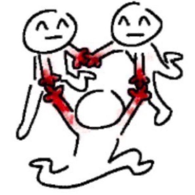 three people drawn in ms paint holding each other's bloody hands in a circle